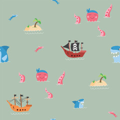 Cute Pirate elements Seamless Pattern. Cartoon items Pirate and objects. background. Vector illustration