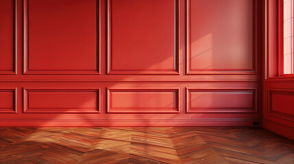 empty red wall with classic paneling and wooden floor