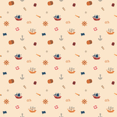 Cute Ship and sailboat Seamless Pattern. Cartoon nautical items and objects background. Vector illustration