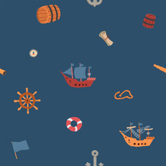 Cute Ship and sailboat Seamless Pattern. Cartoon nautical items and objects background. Vector illustration
