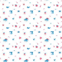 Cute shark and kraken Seamless Pattern. Cartoon sea animals and fish background. Vector illustration