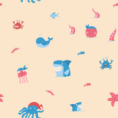 Cute shark and kraken Seamless Pattern. Cartoon sea animals and fish background. Vector illustration
