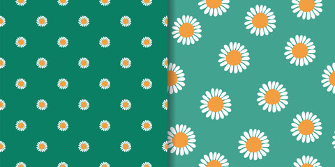 Decorative abstract seamless patterns set with white daisy on green background, decorative modern wallpaper
