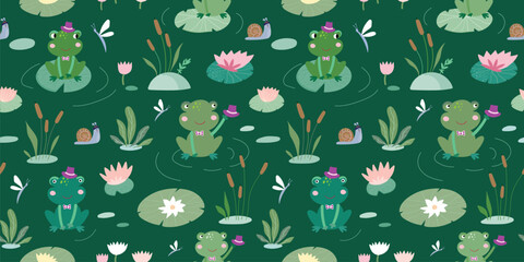 Naklejka premium Childish seamless pattern with cute frogs and waterlilies on lake, decorative kids design