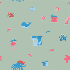 Cute shark and kraken Seamless Pattern. Cartoon sea animals and fish background. Vector illustration