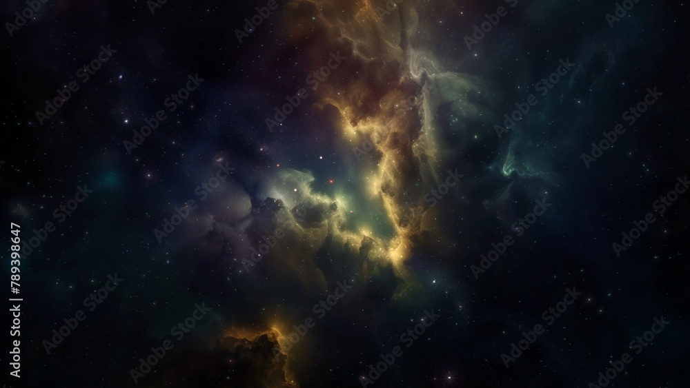 Wall mural yellow blue deep space galaxy nebula. cinematic celestial background depicting astrology and space e