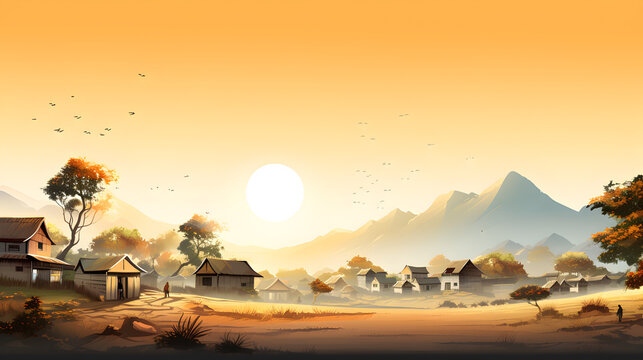 Fantasy landscape with an old wooden house in the countryside.Mediterran sunset landscape vector illustration image wallpaper.Rural School Scene with Farmer Cutting Grass 