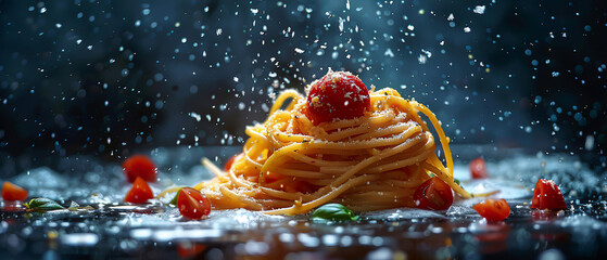 Dramatic presentation of spaghetti with a cherry tomato on top, garnished with basil, amidst a dynamic sprinkle of cheese and water droplets.