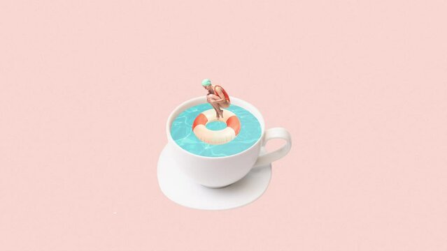 Stop motion. . Young girl in swimming cap jumping into swimming pool cup isolated on peach background. Concept of summer, mood, creativity, travelling, imagination, party, fun. Animation