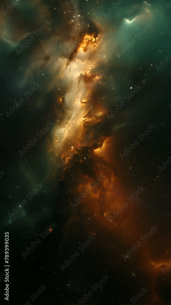 Wall mural vertical orange deep space galaxy nebula. cinematic celestial background depicting astrology and spa