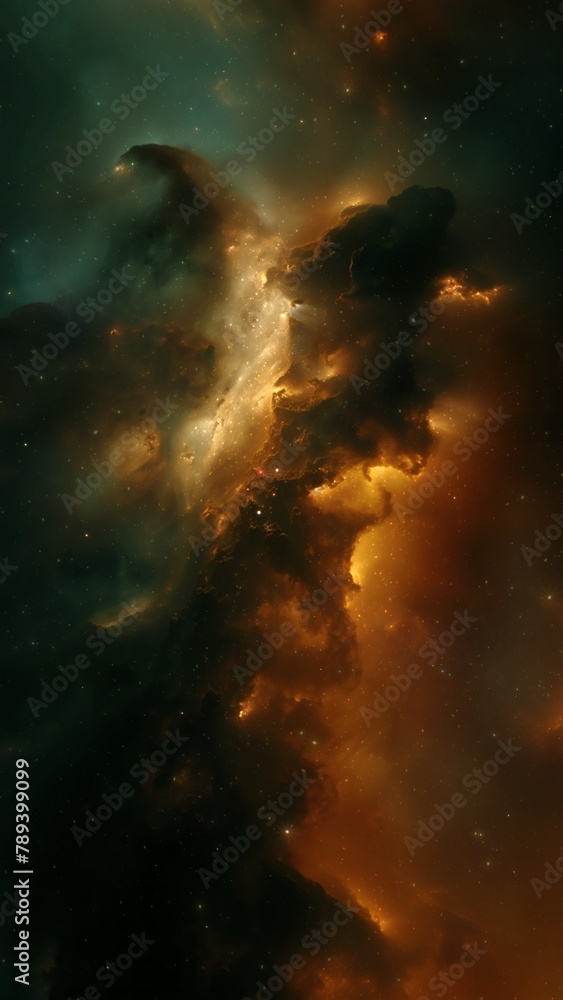 Wall mural vertical orange deep space galaxy nebula. cinematic celestial background depicting astrology and spa