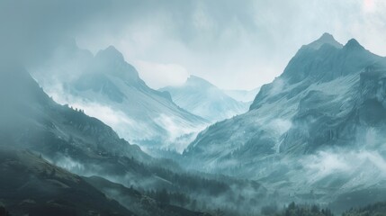 A panoramic view of a mountain range shrouded in mist, highlighting the awe-inspiring majesty of natural landscapes and the need for conservation efforts. - obrazy, fototapety, plakaty