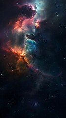 Vertical Blue Orange Deep Space Galaxy Nebula. Cinematic celestial background depicting astrology and space exploration. Cosmic fictional 3D illustration backdrop.