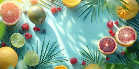 Fotobehang Assorted citrus fruits and berries on a vibrant blue background with a spacious area for text placement © SHOTPRIME STUDIO