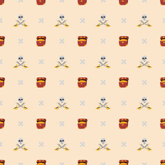 Treasure chest, Skull and crossed swords Seamless Pattern. Cartoon Pirate elements and objects. background. Vector illustration