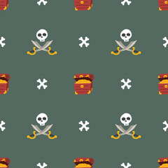 Treasure chest, Skull and crossed swords Seamless Pattern. Cartoon Pirate elements and objects. background. Vector illustration