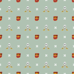 Treasure chest, Skull and crossed swords Seamless Pattern. Cartoon Pirate elements and objects. background. Vector illustration