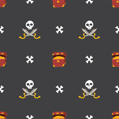 Treasure chest, Skull and crossed swords Seamless Pattern. Cartoon Pirate elements and objects. background. Vector illustration