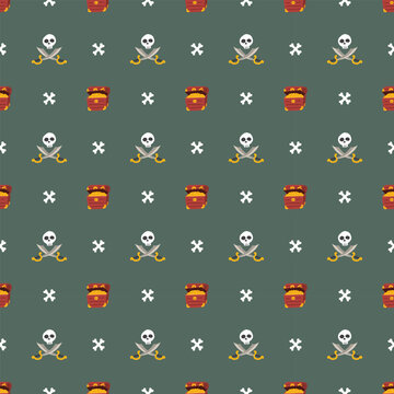 Treasure chest, Skull and crossed swords Seamless Pattern. Cartoon Pirate elements and objects. background. Vector illustration