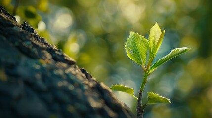 Obraz premium Regeneration from the Roots, Young Tree Sprouts from a Stump, Symbol of Resilience in a New Shoot, Nature's Phoenix , showing new generation with heredity, conceptual image