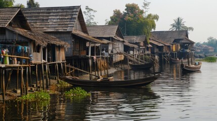 Obraz premium A riverside village with traditional wooden houses and fishing boats, showcasing the intimate connection between human communities and rivers.