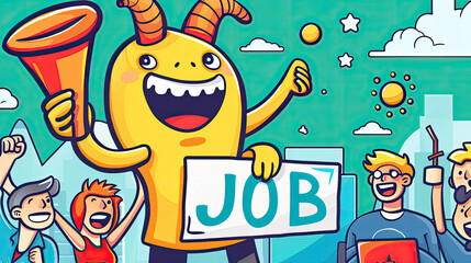 An illustration of a horn-shaped job advertisement poster being waved by a cheerful mascot, inviting job seekers to apply for positions