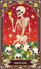 Page of Cups A tarot card in bohemian tones in a modern style in the form of a skeleton. Modern map illustration, minimalistic cartoon skeleton, simple vector drawing