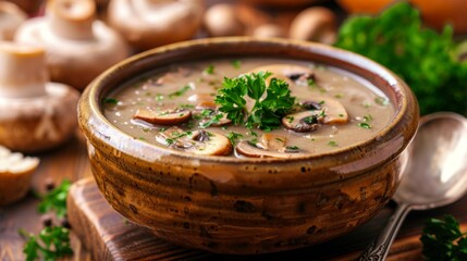 A rustic mushroom soup served in a ceramic bowl, garnished with porcini slices and fresh parsley, evoking comfort and warmth on a chilly day. - obrazy, fototapety, plakaty