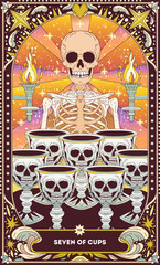 Seven of Cups A tarot card in bohemian tones in a modern style in the form of a skeleton. Modern map illustration, minimalistic cartoon skeleton, simple vector drawing