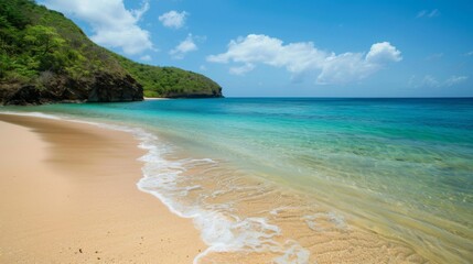Obraz premium A serene beach with golden sand and crystal-clear water, illustrating the beauty of coastal environments and the importance of ocean conservation.