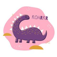 Funny cartoon dinosaur growls. Cute lilac stegosaurus. Simple kids design for kids t-shirts, kids clothes, invitation cards. Vector illustration.