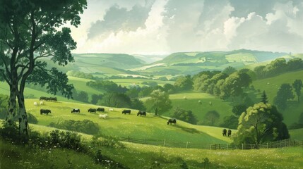 A serene countryside scene with grazing cattle in green pastures and rolling hills, portraying the pastoral charm of agricultural landscapes. - obrazy, fototapety, plakaty