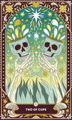 Two of Cups A tarot card in bohemian tones in a modern style in the form of a skeleton. Modern map illustration, minimalistic cartoon skeleton, simple vector drawing