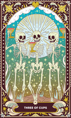 Three of Cups A tarot card in bohemian tones in a modern style in the form of a skeleton. Modern map illustration, minimalistic cartoon skeleton, simple vector drawing