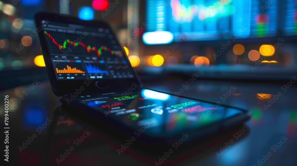 Poster a smartphone displaying a stock trading app interface with real-time market updates, showcasing the 