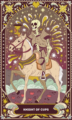 Knight of Cups A tarot card in bohemian tones in a modern style in the form of a skeleton. Modern map illustration, minimalistic cartoon skeleton, simple vector drawing