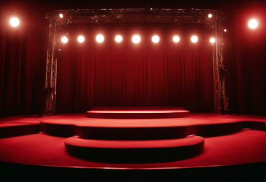 bright podium spotlights lit Red background performance Empty stage theater theatrical show lamp motion picture music award event hollywood spot shiny silver lighting nightclub
