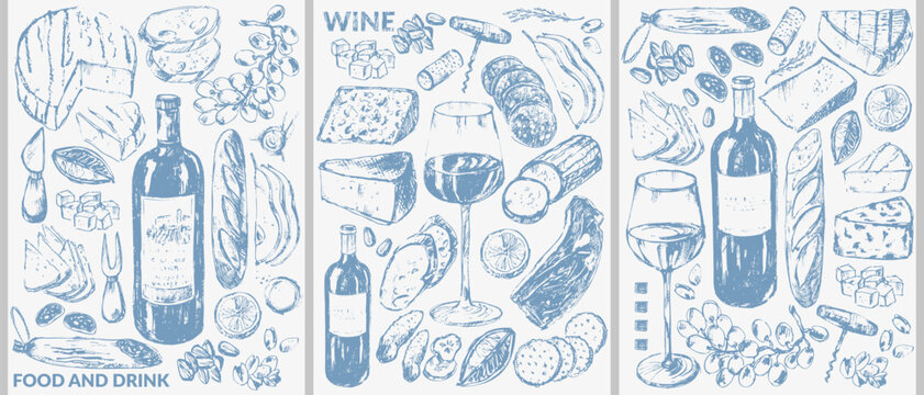 Vector wine illustration. Wine bottle, glass, snack, cork, corkscrew, grape, cheese, bread