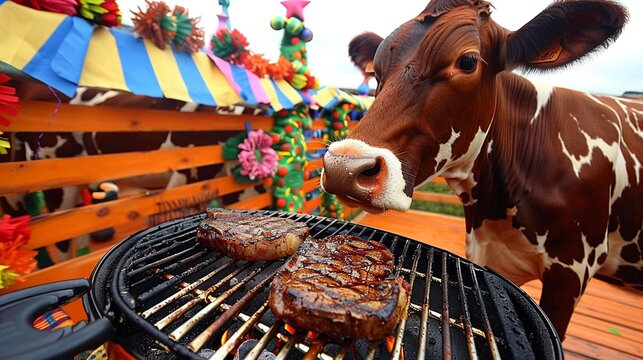 Amidst the celebration, the cow ensures no one goes hungry with its grilled steaksSurreal style ,