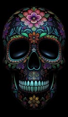 Iridescent day of the dead skull on a black background. AI Generated.