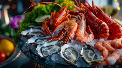 A vibrant seafood platter featuring lobster, shrimp, and oysters on ice, showcasing the abundance and variety of coastal cuisine in the West.