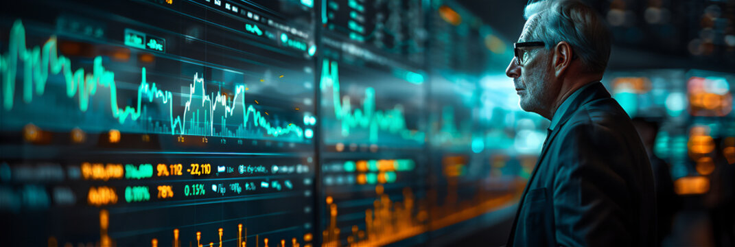 an executive person look seriously at green digital graphic about business or economic growth