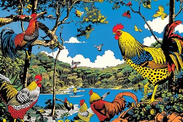 Amidst the lush landscapes of Colombia, roosters adorned with colorful plumage engage in spirited combat ,