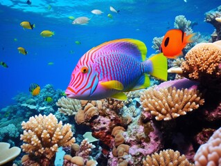 Naklejka na ściany i meble Colorful and beautiful underwater world with corals and tropical fish.