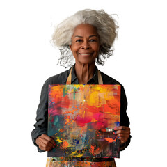 Senior artist displaying vibrant abstract painting