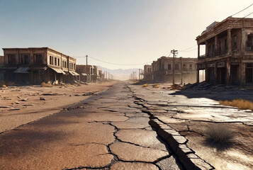 Doomsday. Post apocalyptic urban scenery image of desert city wasteland, abandoned and destroyed buildings, cracked road. Global apocalyptic conflict concept. Gen ai illustration. Copy ad text space