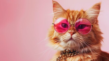 Banner fat red cat in pink glasses and a chain around his neck on a pink background