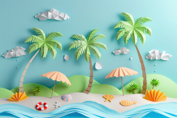 Fototapeta na wymiar colorful paper art beach scene with coconut trees and umbrellas. summer vacation beach origami paper craft design