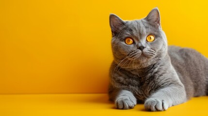 big lilac british shorthair cat with yellow eyes looking at copy space on yellow background