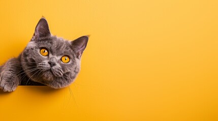 big lilac british shorthair cat with yellow eyes looking at copy space on yellow background - obrazy, fototapety, plakaty